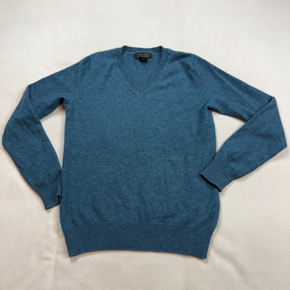 Tahari Womens 100% 2-Ply Cashmere V-Neck Sweater Teal Blue Heather Medium
